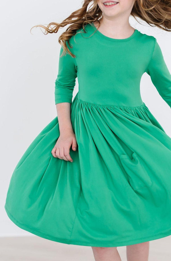 kelly-green-3-4-pocket-twirl-dress Mila &  Rose - Sophia's Style-Kelly Green 3/4 Pocket Twirl Dress-6-12M--1